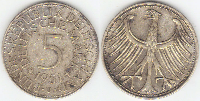 1951 J Germany silver 5 Mark A001869